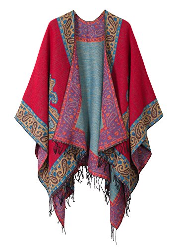 EXCHIC Damen Retro Warm Schal Poncho Cape Floral Printed Open Front Cardigans Sweater, 2 rot, Einheitsgröße von EXCHIC