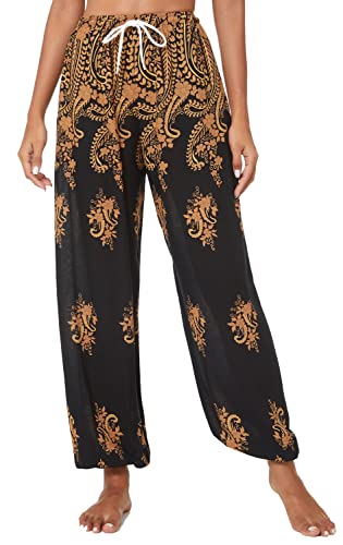 EXCHIC Damen Sommer Elastische Taille Boho Haram Hose Beilaufig Strand Hippie Hose Yoga mit Taschen (L, 28) von EXCHIC