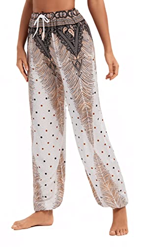 EXCHIC Damen Sommer Elastische Taille Boho Haram Hose Beilaufig Strand Hippie Hose Yoga mit Taschen (L, 30) von EXCHIC