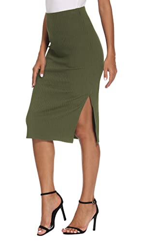 EXCHIC Damen Stricken Gestrickt Knielänge Bleistiftrock Elastische Schlauchrock Hohe Taille Basic Midi Rock Seitenschlitz(L, Armeegrün) von EXCHIC