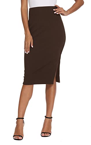 EXCHIC Damen Stricken Gestrickt Knielänge Bleistiftrock Elastische Schlauchrock Hohe Taille Basic Midi Rock Seitenschlitz(L, Kaffee) von EXCHIC