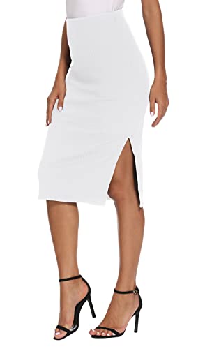 EXCHIC Damen Stricken Gestrickt Knielänge Bleistiftrock Elastische Schlauchrock Hohe Taille Basic Midi Rock Seitenschlitz(L, Weiß) von EXCHIC