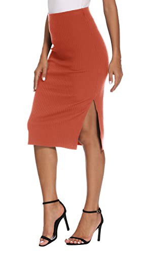 EXCHIC Damen Stricken Gestrickt Knielänge Bleistiftrock Elastische Schlauchrock Hohe Taille Basic Midi Rock Seitenschlitz(L, Ziegelrot) von EXCHIC