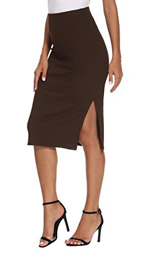 EXCHIC Damen Stricken Gestrickt Knielänge Bleistiftrock Elastische Schlauchrock Hohe Taille Basic Midi Rock Seitenschlitz(M, Kaffee) von EXCHIC