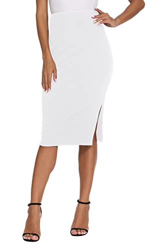 EXCHIC Damen Stricken Gestrickt Knielänge Bleistiftrock Elastische Schlauchrock Hohe Taille Basic Midi Rock Seitenschlitz(M, Weiß) von EXCHIC