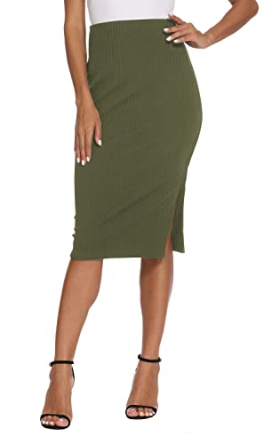 EXCHIC Damen Büro Hohe Taille Knielänge Stricken Bleistiftrock Elastische Bodycon Midi Rock mit Schlitz(XL, Armeegrün) von EXCHIC