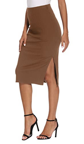 EXCHIC Damen Stricken Gestrickt Knielänge Bleistiftrock Elastische Schlauchrock Hohe Taille Basic Midi Rock Seitenschlitz (L, Braun) von EXCHIC