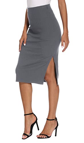 EXCHIC Damen Stricken Gestrickt Knielänge Bleistiftrock Elastische Schlauchrock Hohe Taille Basic Midi Rock Seitenschlitz (L, Dunkel Grau) von EXCHIC