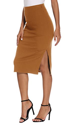 EXCHIC Damen Stricken Gestrickt Knielänge Bleistiftrock Elastische Schlauchrock Hohe Taille Basic Midi Rock Seitenschlitz (L, Kamel) von EXCHIC