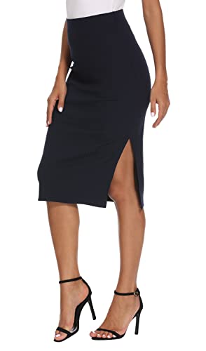 EXCHIC Damen Stricken Gestrickt Knielänge Bleistiftrock Elastische Schlauchrock Hohe Taille Basic Midi Rock Seitenschlitz (L, Navy Blau) von EXCHIC