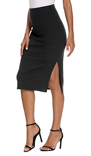 EXCHIC Damen Stricken Gestrickt Knielänge Bleistiftrock Elastische Schlauchrock Hohe Taille Basic Midi Rock Seitenschlitz (L, Schwarz) von EXCHIC