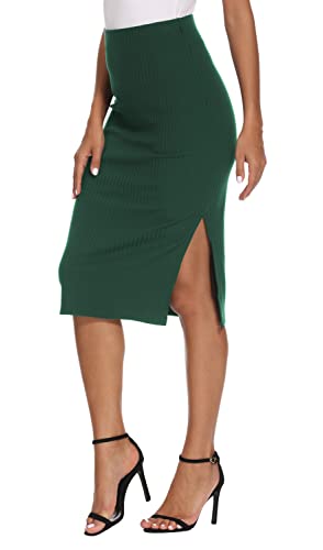 EXCHIC Damen Büro Hohe Taille Knielänge Stricken Bleistiftrock Elastische Bodycon Midi Rock mit Schlitz (M, Dunkel Grün) von EXCHIC