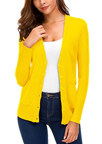 EXCHIC Damen Strickjacke mit langen Ärmeln, vorne offen, leicht, Button-Down-Strickpullover, zitronengelb, Small von EXCHIC