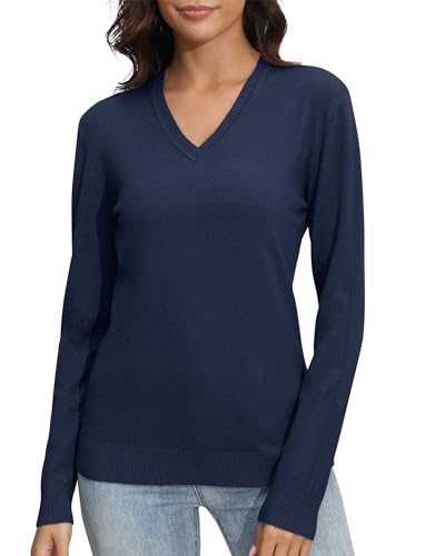 EXCHIC Damen V-Ausschnitt Slim Fit Elastisch Langarm Strickwaren Pullover Freizeit Klassische Strickpullover Tops(L, Marineblau) von EXCHIC
