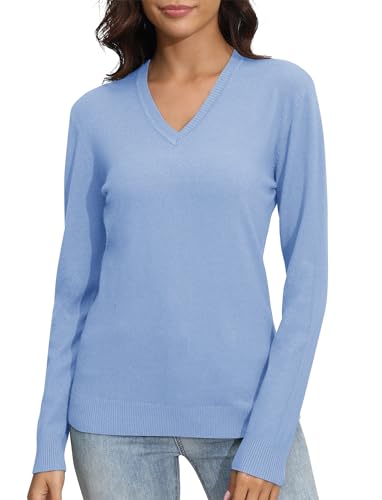 EXCHIC Damen V-Ausschnitt Slim Fit Elastisch Langarm Strickwaren Pullover Freizeit Klassische Strickpullover Tops(M, Graublau) von EXCHIC