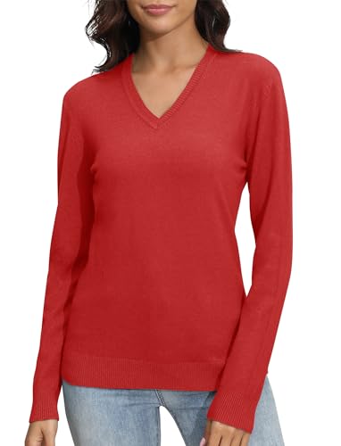 EXCHIC Damen V-Ausschnitt Slim Fit Elastisch Langarm Strickwaren Pullover Freizeit Klassische Strickpullover Tops(M, Rot) von EXCHIC