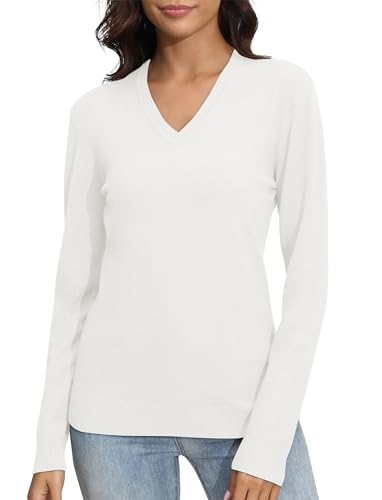 EXCHIC Damen V-Ausschnitt Slim Fit Elastisch Langarm Strickwaren Pullover Freizeit Klassische Strickpullover Tops(M, Weiß) von EXCHIC
