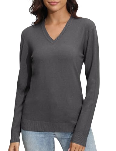 EXCHIC Damen V-Ausschnitt Slim Fit Elastisch Langarm Strickwaren Pullover Freizeit Klassische Strickpullover Tops(S, Dunkel Grau) von EXCHIC
