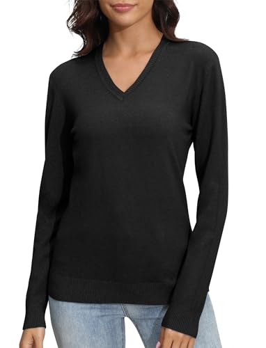 EXCHIC Damen V-Ausschnitt Slim Fit Elastisch Langarm Strickwaren Pullover Freizeit Klassische Strickpullover Tops(XL, Schwarz) von EXCHIC
