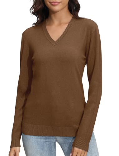 EXCHIC Damen V-Ausschnitt Slim Fit Elastisch Langarm Strickwaren Pullover Freizeit Klassische Strickpullover Tops(XL, Tiefes Kamel) von EXCHIC