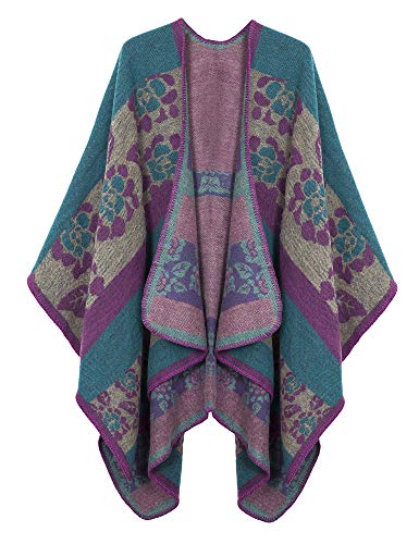 EXCHIC Damen Vintage Farbblocking Schal Wrap Open Front Poncho Übergroße Winterdecke Elegant Cape Coat (Blau-3, One Size) von EXCHIC