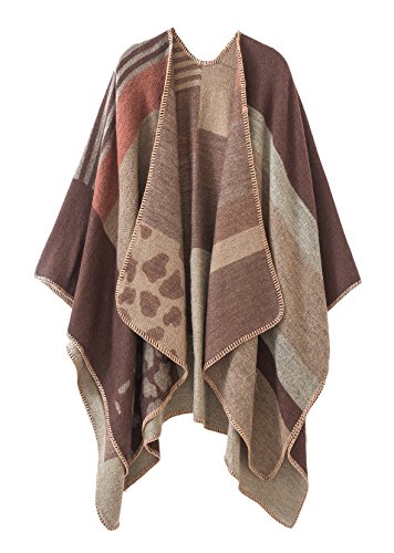 EXCHIC Damen Vintage Farbblocking Schal Wrap Open Front Poncho Übergroße Winterdecke Elegant Cape Coat (Kaffee-2, One Size) von EXCHIC