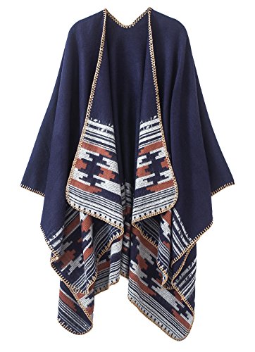 EXCHIC Damen Vintage Farbblocking Schal Wrap Open Front Poncho Übergroße Winterdecke Elegant Cape Coat (Navy Blau-6, One Size) von EXCHIC