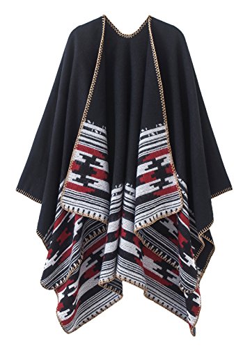 EXCHIC Damen Vintage Farbblocking Schal Wrap Open Front Poncho Übergroße Winterdecke Elegant Cape Coat (Schwarz-6) von EXCHIC