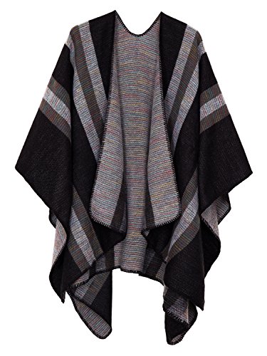 Damen Vintage Farbblocking Schal Wrap Open Front Poncho Übergroße Winterdecke Elegant Cape Coat (Schwarz-9, One Size) von EXCHIC