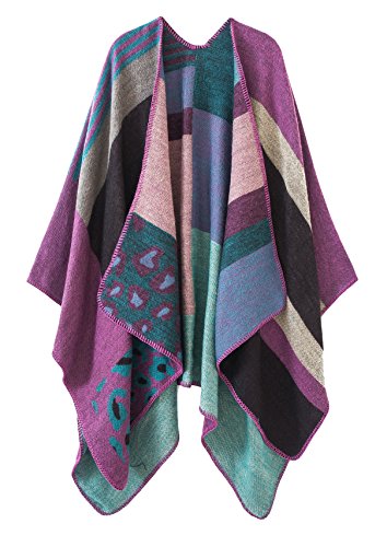 EXCHIC Damen Vintage Farbblocking Schal Wrap Open Front Poncho Übergroße Winterdecke Elegant Cape Coat (Violett-2, One Size) von EXCHIC