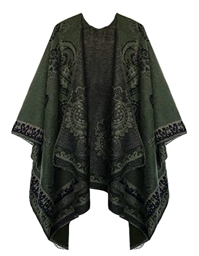 EXCHIC Damen Warm Offene Front Strick Schals und Wraps Floral Elegante Cardigans Poncho Cape Coat Mantel (Dunkelgrün-25) von EXCHIC