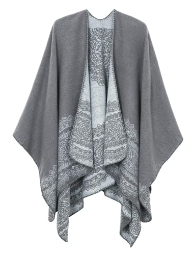 EXCHIC Damen Warm Offene Front Strick Schals und Wraps Floral Elegante Cardigans Poncho Cape Coat Mantel (Grau-91) von EXCHIC