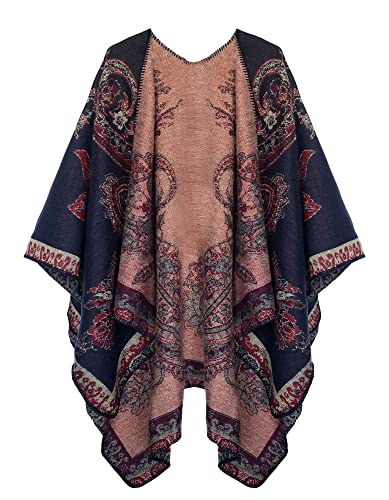 EXCHIC Damen Warm Offene Front Strick Schals und Wraps Floral Elegante Cardigans Poncho Cape Coat Mantel (Marineblau-25) von EXCHIC