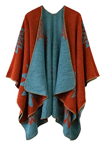 EXCHIC Damen Warm Offene Front Strick Schals und Wraps Floral Elegante Cardigans Poncho Cape Coat Mantel (Orange-04) von EXCHIC