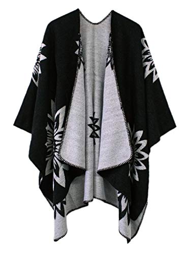 EXCHIC Damen Warm Offene Front Strick Schals und Wraps Floral Elegante Cardigans Poncho Cape Coat Mantel (Schwarz-02) von EXCHIC