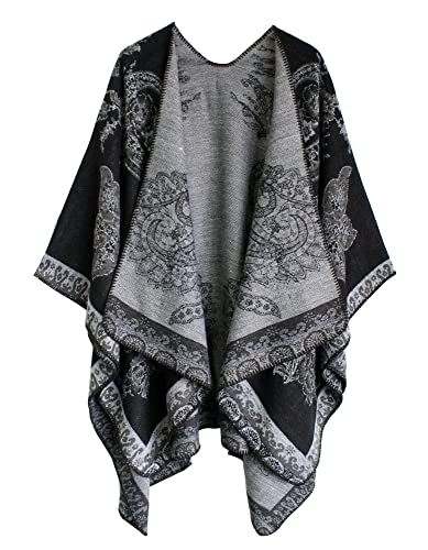 EXCHIC Damen Warm Offene Front Strick Schals und Wraps Floral Elegante Cardigans Poncho Cape Coat Mantel (Schwarz-25) von EXCHIC