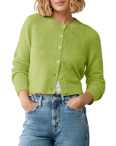EXCHIC Damen Weich Elastisch Lange Ärmel Kurz Strickjacke Slim Fit Rundhals Cropped Cardigan mit Knopfleiste(L, Grüner Farn) von EXCHIC