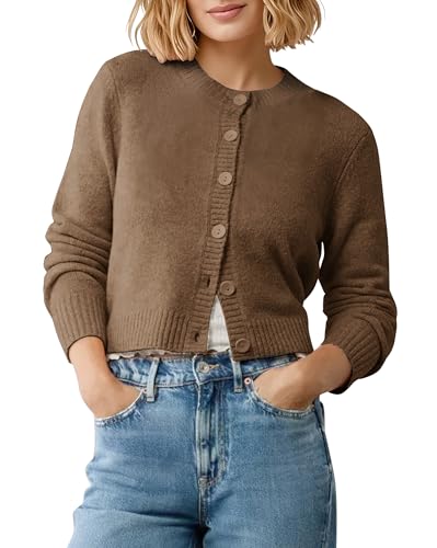 Damen Weich Elastisch Lange Ärmel Kurz Strickjacke Slim Fit Rundhals Cropped Cardigan mit Knopfleiste(M, Heather Kaffee) von EXCHIC
