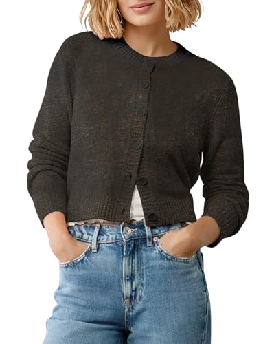 EXCHIC Damen Weich Elastisch Lange Ärmel Kurz Strickjacke Slim Fit Rundhals Cropped Cardigan mit Knopfleiste(S, Schwarzer Kaffee) von EXCHIC