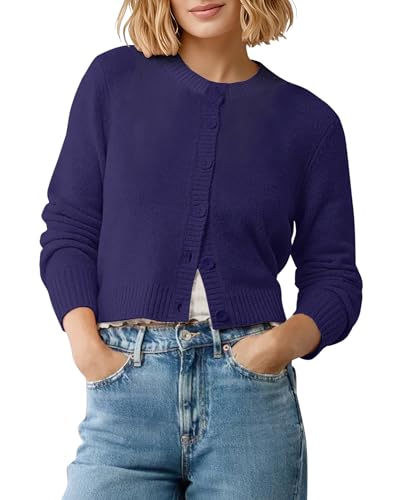 EXCHIC Damen Weich Elastisch Lange Ärmel Kurz Strickjacke Slim Fit Rundhals Cropped Cardigan mit Knopfleiste(XL, Marineblau) von EXCHIC
