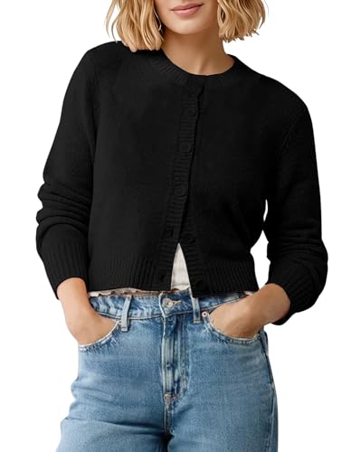 EXCHIC Damen Weich Elastisch Lange Ärmel Kurz Strickjacke Slim Fit Rundhals Cropped Cardigan mit Knopfleiste(XL, Schwarz) von EXCHIC