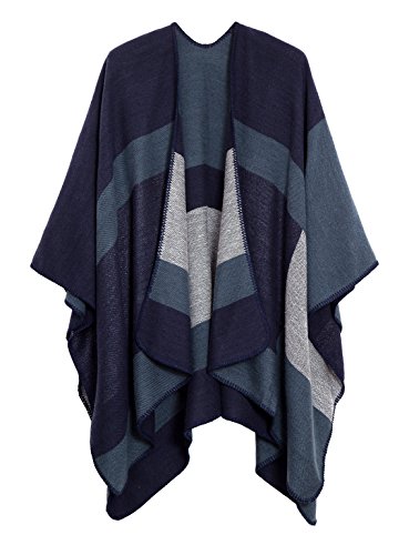 EXCHIC Damen Warm Offene Front Strick Schals und Wraps Floral Elegante Cardigans Poncho Cape Coat Mantel (Marineblau-83) von EXCHIC