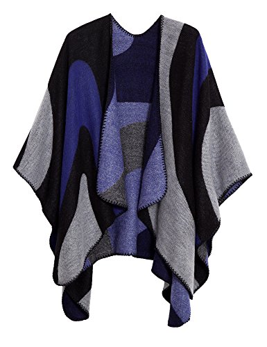 EXCHIC Damen Warm Offene Front Strick Schals und Wraps Floral Elegante Cardigans Poncho Cape Coat Mantel (Königsblau-85) von EXCHIC