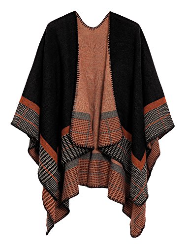 EXCHIC Damen Warm Offene Front Strick Schals und Wraps Floral Elegante Cardigans Poncho Cape Coat Mantel (Schwarz-86) von EXCHIC