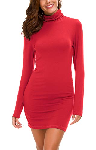 EXCHIC Damen Bodycon Minikleid Rollkragen Langarm Basic Eng Kleid (L, Rot) von EXCHIC