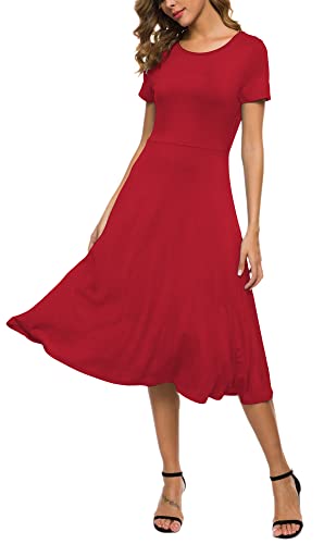 EXCHICK Sommerkleid für Damen, Midilänge, Kurzarm, Rundhalsauschnitt, tailliert, schlank, Rot/Ausflug, einfarbig (Getaway Solids), Groß von EXCHIC