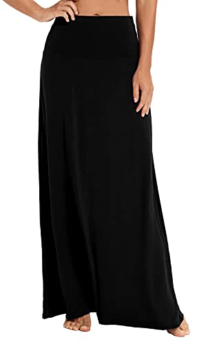 EXCHIC Langer Maxirock für Damen, Bohemian-Stil, bedruckt, einfarbig, elastische Taille, Schwarz, Groß von EXCHIC