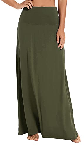 Exchic Maxirock für Damen, Bohemian-Stil, mit Druck, unifarben, elastische Taille, lang, Grün (Army Green), Groß von EXCHIC