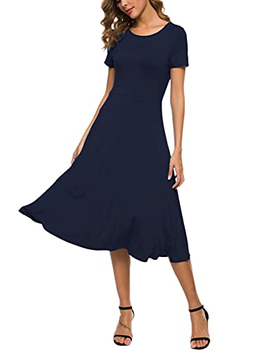 EXCHIC Damen Kurzarm Rundhals Taille Slim Sommer Midi Kleid, Marineblau, XX-Large von EXCHIC