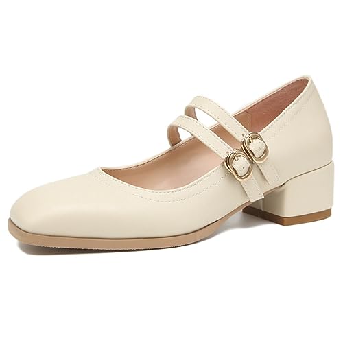 Damen-Mary-Jane-Schuhe mit klobigem, niedrigem Blockabsatz, Arbeitspumps mit geschlossener Zehenpartie, doppeltem Knöchelriemen, Pumps mit quadratischer Spitze,Beige,39 EU Damen-Mary-Jane-Schuhe mit klobigem, niedrigem Blockabsatz, Arbeitspumps mit geschlossener Zehenpartie, doppeltem Knöchelriemen, Pumps mit quadratischer Spitze,Beige,39 EU von EXECAB